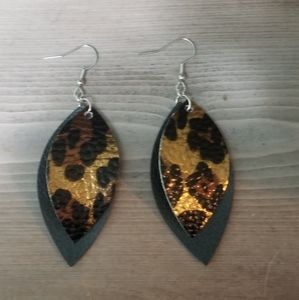 Handmade Black and Cheetah Faux Leather Earring